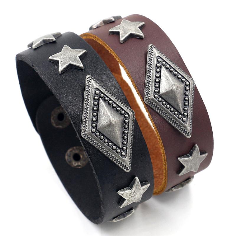 

Charm Bracelets Vintage Men's Punk Rock Wide Leather Bracelet And Metal Accessories