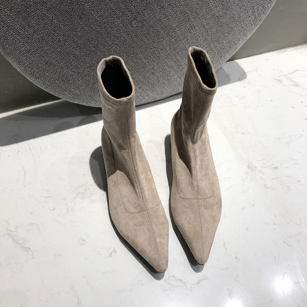 

Outono nova moda feminina dedo do p apontado fio elstico tornozelo botas criana camura sapatos de salto grosso meias femininas, Black