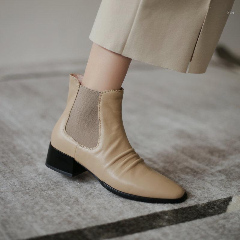 

Vintage Genuine Leather Boots Women Ankle Boots Winter Round Toe Thick Heels Party Office Lady Shoes Woman1, Black