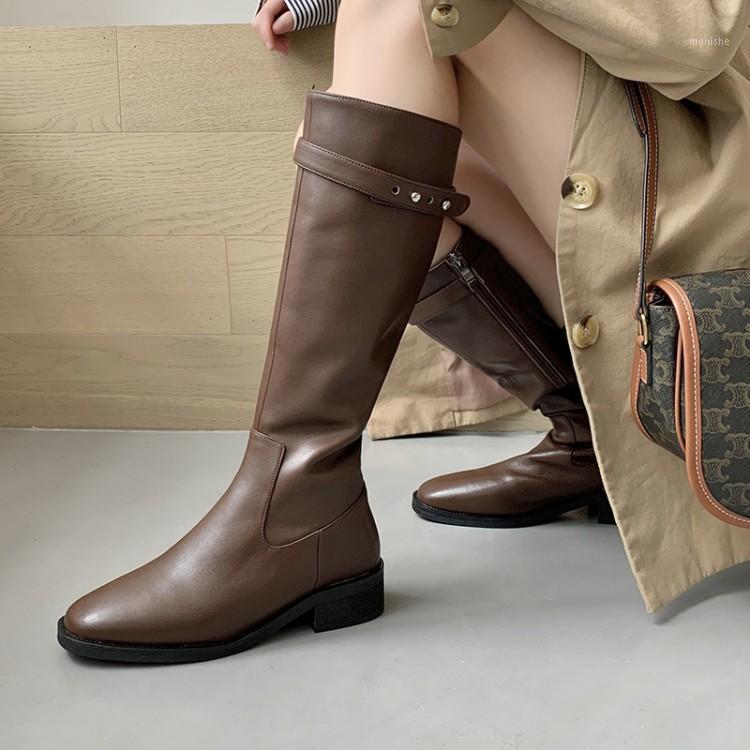 

MLJUESE 2021women knee-high boots leather winter short plush brown color round toe buckle strap low heels female high boots1, Black