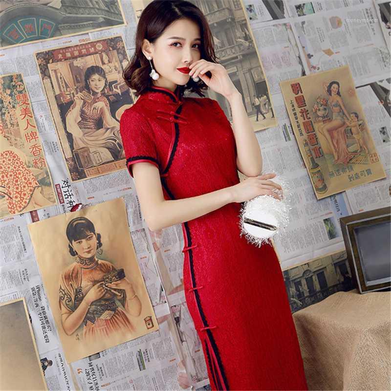 

New style cheongsam lace dress Slim retro Chinese style wedding dress bride red wedding sexy fashion stand collar hanfu1