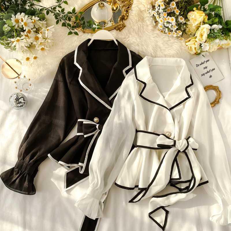 

Elegant Flare Sleeve Sashes Chiffon Shirts Women Design Sense Non-Mainstream Notched Blouses Panelled Lace-up Waist Ruffles Tops1, Black