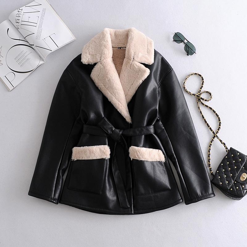 

Winter Women' Faux Leather Long Sleeve Lapel Thick Warm Jacket Coat Vintage Windproof with Belt Locomotive Chic Tops Female, Black