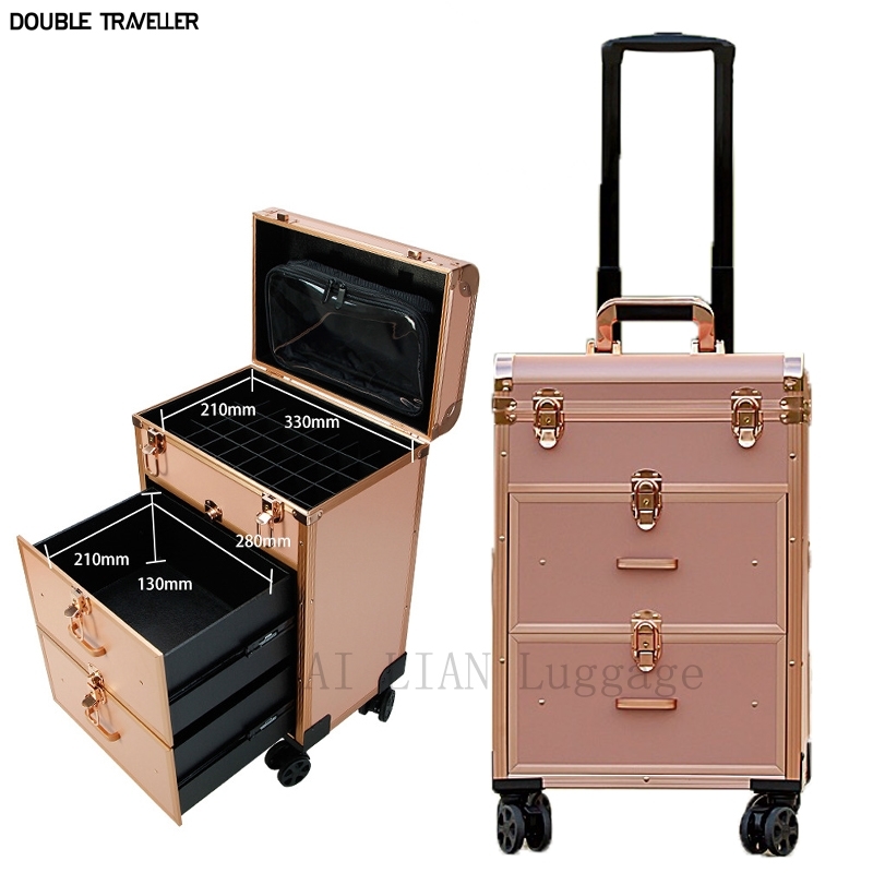 

New Professional cosmetic case Box Nail tattoo Rolling luggage bag makeup case on wheels multi-function Beauty trolley suitcase 210204, Rose gold
