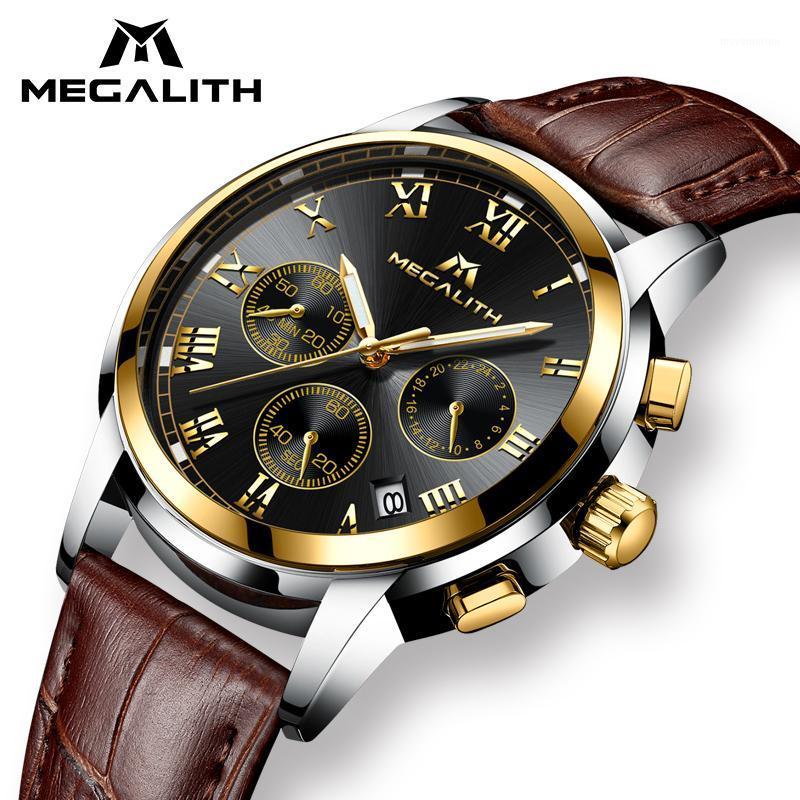 

MEGALITH Black Watches Men Waterproof Clock Date Luminous Leather Quartz Wrist Watch Mens Analogue Sport Watch Relogio Masculino1, Brown gold leather