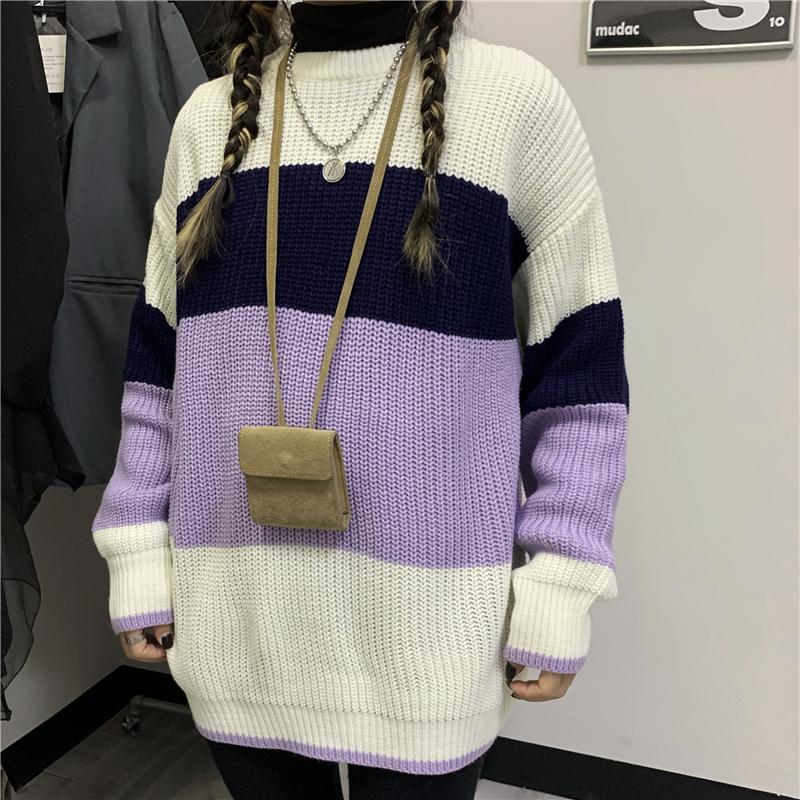 

BF lazy wind loose winter new retro striped knitted base sweater women, Gray