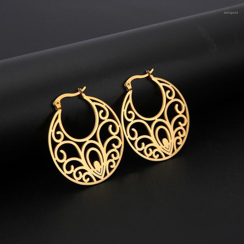 

Dangle & Chandelier My Shape Filigree Ethnic Vintage Big Round Hoop Earrings For Women Stainless Steel Gothic Cut Out Gold Filled Color Jewe