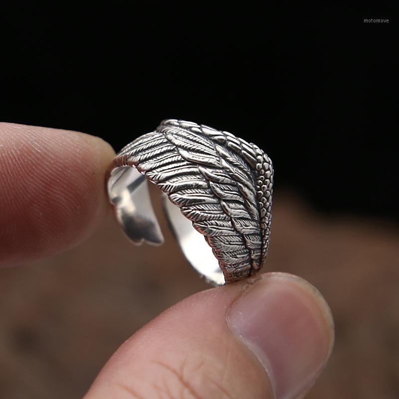 

FNJ Wing Feather Ring 925 Silver Jewelry New Fashion Punk S925 Sterling Silver Rings for Men Adjustable Size 7.5-10 bague1