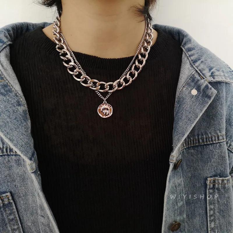 

New 2021 Explosion Chain Love Cool Double Necklace Personality Portrait Coin Multilayer Metal Necklace Clavicle Hip Hop Chain