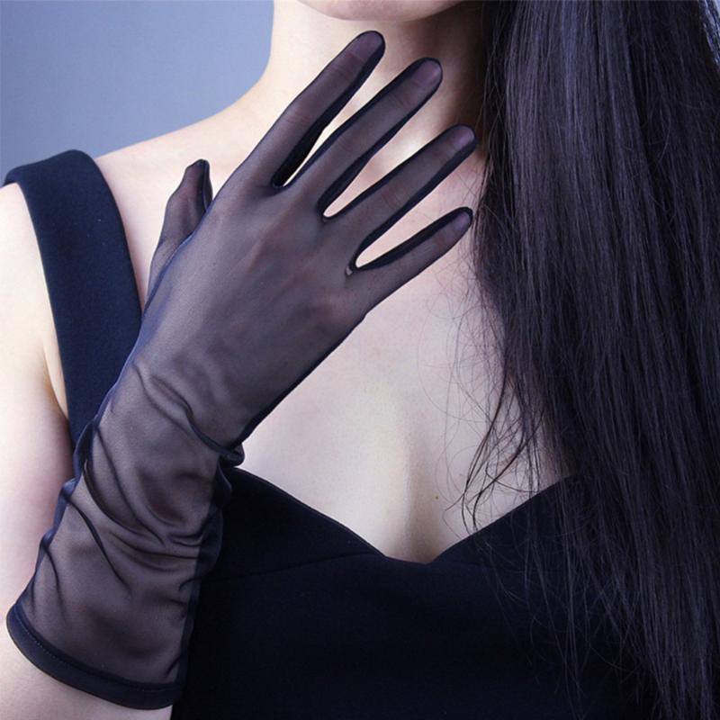 

Sexy Lace Elastic Driving Sunscreen Gloves 38CM Women Thin Long Black White Gauze Anti-UV Transparent Opera Party Gloves