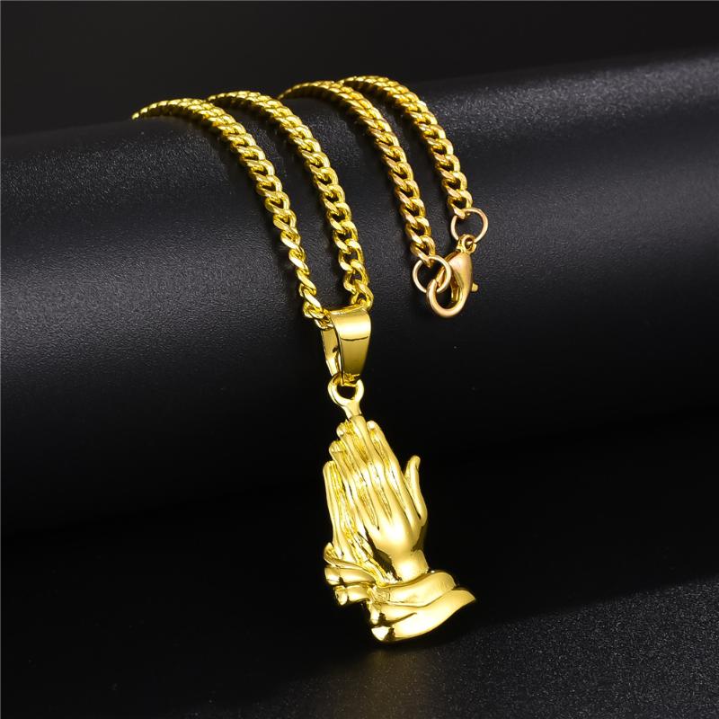 

Pendant Necklaces Men Necklace Gold European And American Hip Hop Praying Hand Christian Man Cuban Link Chain Collares