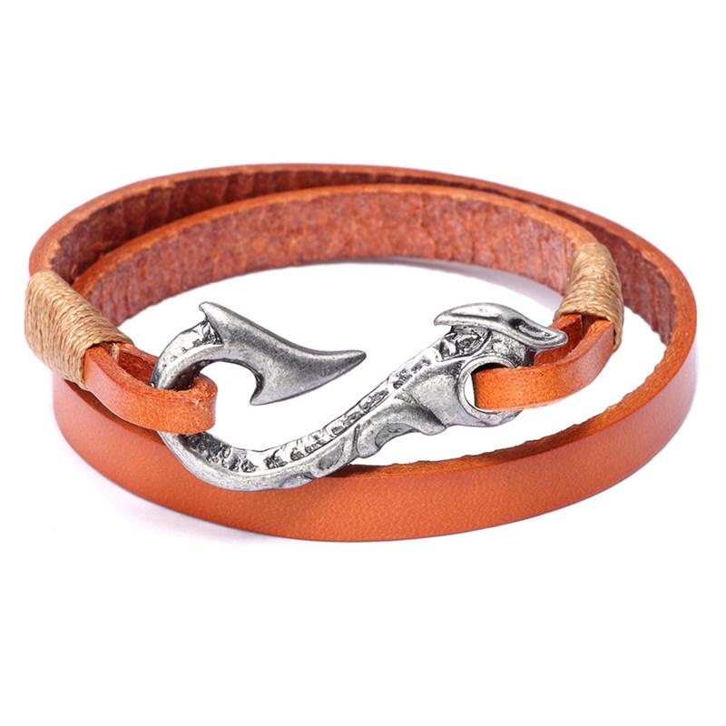 

Vintage Bracelet Men Multi layer Leather Fish hook Charms Cuir homme Punk Bracelet Jewelry