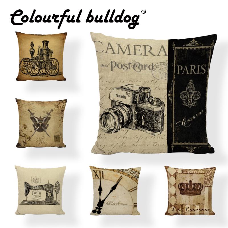 

Vintage Things Cushion Cover Camera Typewriter Hand Sewing Machine Phonograph Eagle Key Crown Decorate Home Pillowcase, 13