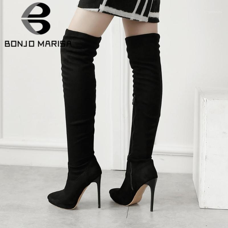 

BONJOMARISA Ladies Sexy Pointed Toe Knee High Boots Party Dress Thin Heel Zipper Boots Women Designer Brand Shoes Woman1, Black