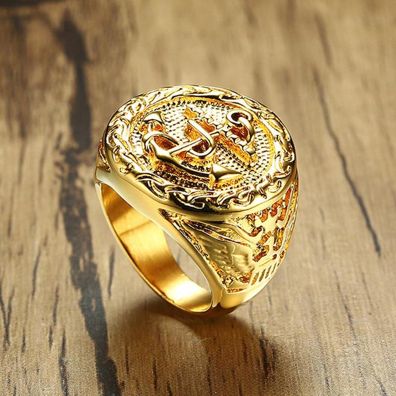 

18k gold color titanium stainless steel anchor rings for men fashion cool jewelry bijoux accessories party gifts sizes 7,8-13