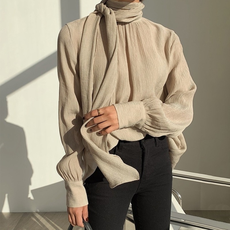 

2021 New Korean Style of Women Chiffon Solid Shirts Plied Long Sleeves Scarf Sweaters Office Lady Well Matching Spring Clothes CRM6, Apricot