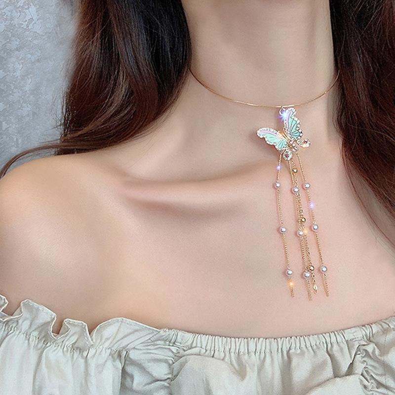 

KMVEXO Korean Cute Butterfly Necklaces For Women Gold Color Simulated Pearl Tassel Necklace Fashion Charm Torques Jewelry Gifts