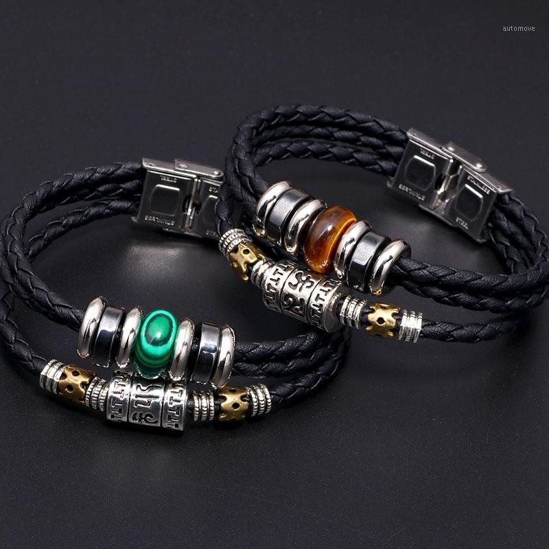 

2020 Tibetan Silver Plated Six Words Mantra Bracelet Men Leather with Natural Stone Buddha Spiritual Bracelets For Women NM-041