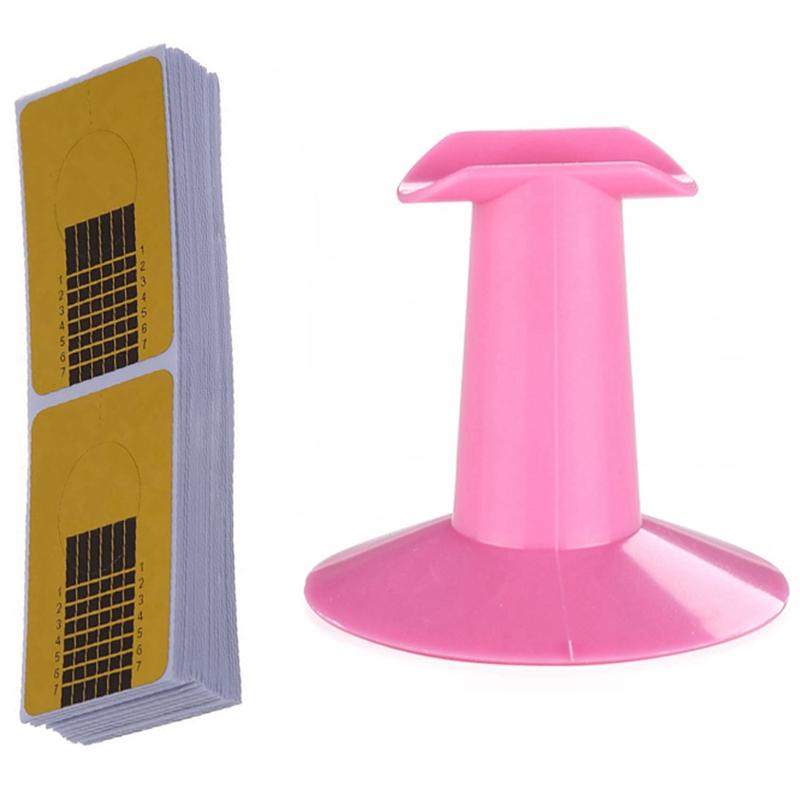 

5Pcs Hard Plastic Pink Finger Stand Support & 100Pcs Nail Art Tips Golden Extension Forms Guide