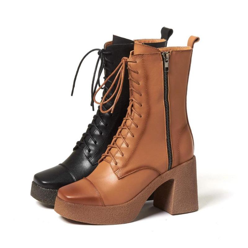 

Botas mujer 2021 new winter shoes women's motorcycle boots genuine leather vintage platform keep warm brand mid-calf boots, Black