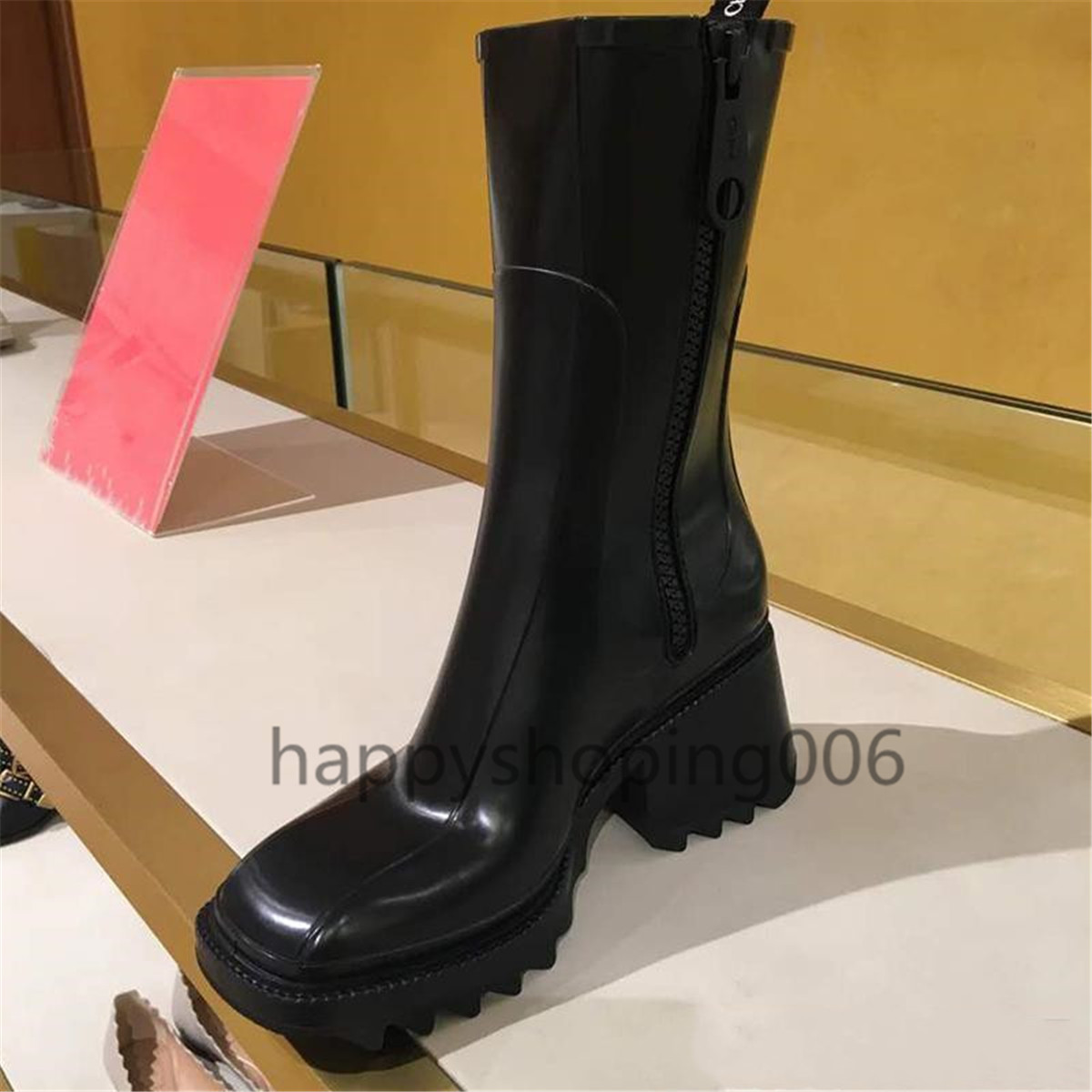 

2020 ladies fashion rubber boots block heel sleek square toe Mid-calf women shoes size35-39, Black