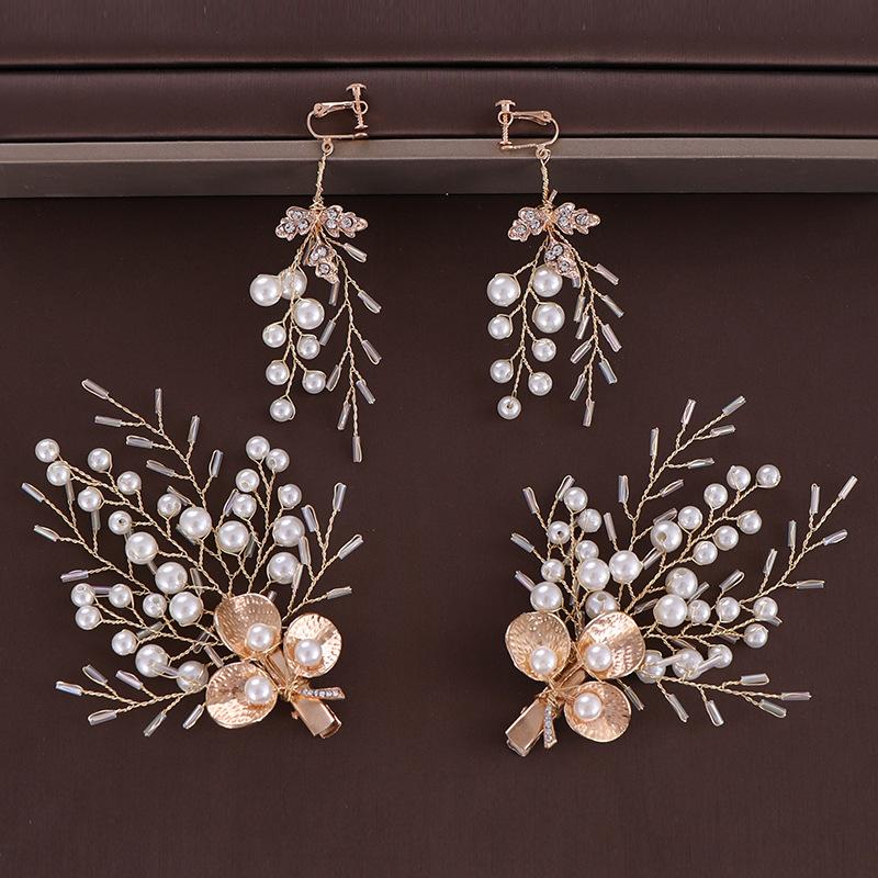 

Europe Style Hot Hand-knitted Hairpin Earrings Set Pearl Hairpin New Hair Accessories Wholesale, Gold