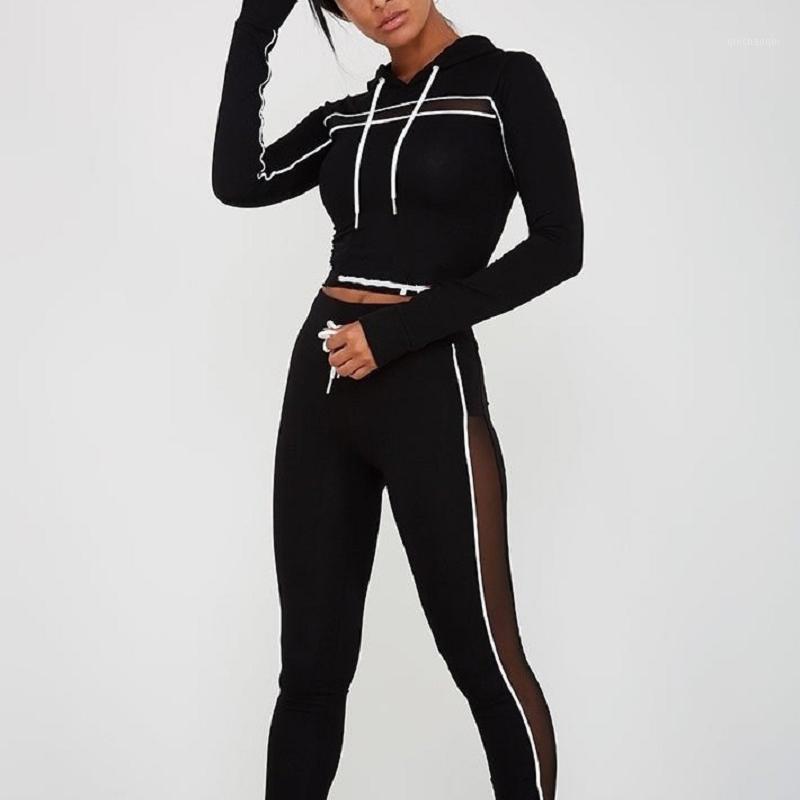 

Mesh sport suit women Hooded sweater sports wear for women gym yoga leggings drawstring long sleeve workout yoga set1, Black