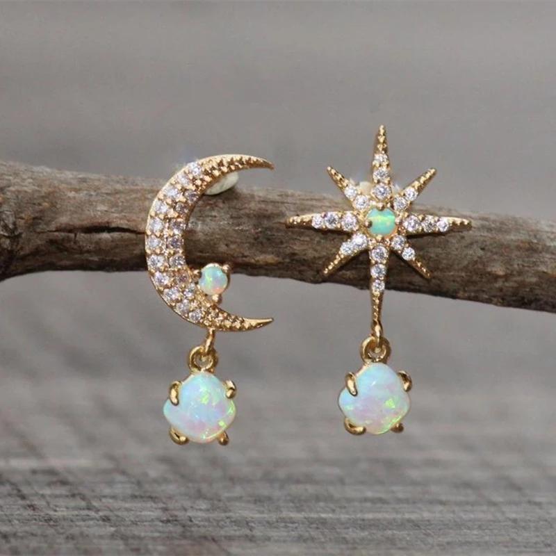 

Small Exquisite Opal Moon Pentagram Women Earrings Wedding Anniversary Earring Party Jewelry Gifts For Her
