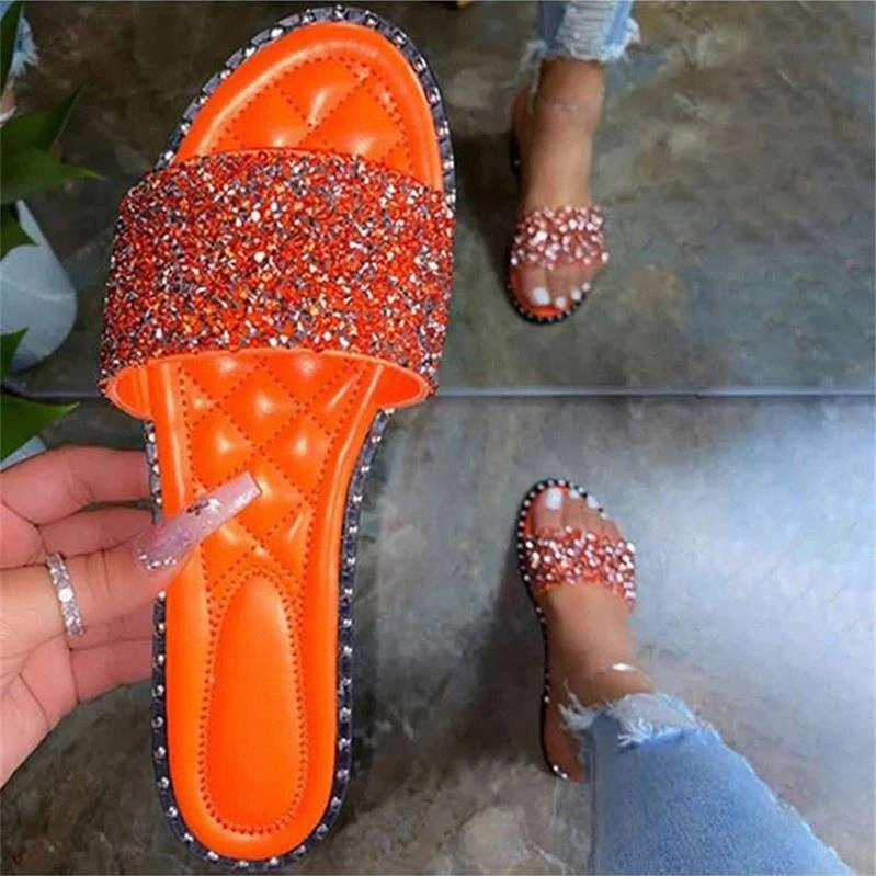 

2020 Women's Summer Slippers Flat Sandals Outdoor Beach Shoes Rhinestones Bling Open Toe Fashion Plus Size 42 #5K2O