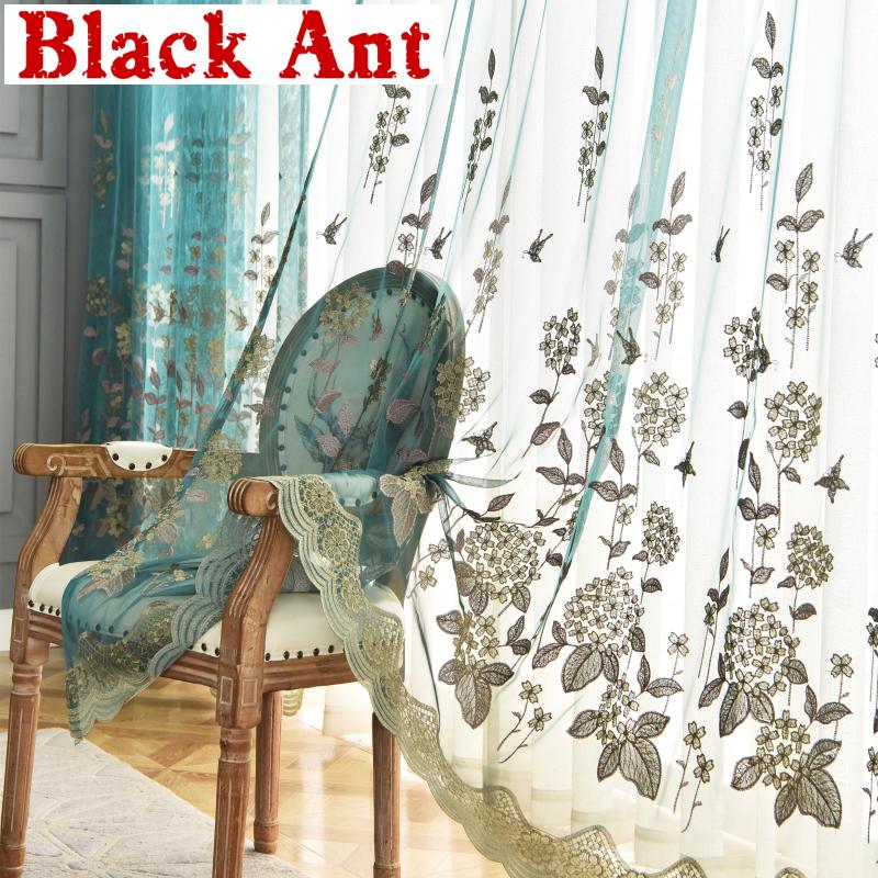 

American Rustic Luxury Sheer Curtain for Living Room Delicate Floral Tulle Drape for Bedroom Voile Home Decoration X698#40, Green tulle
