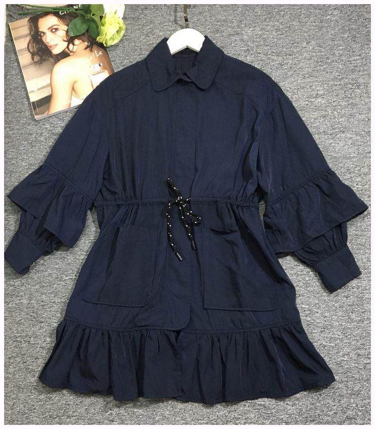 

Women Trench Blue Ruffles Turn-Dwn Collar 2020 New Fashion Slim Drawstring Slim Waist Medium Length Trench Outerwear, Navy blue