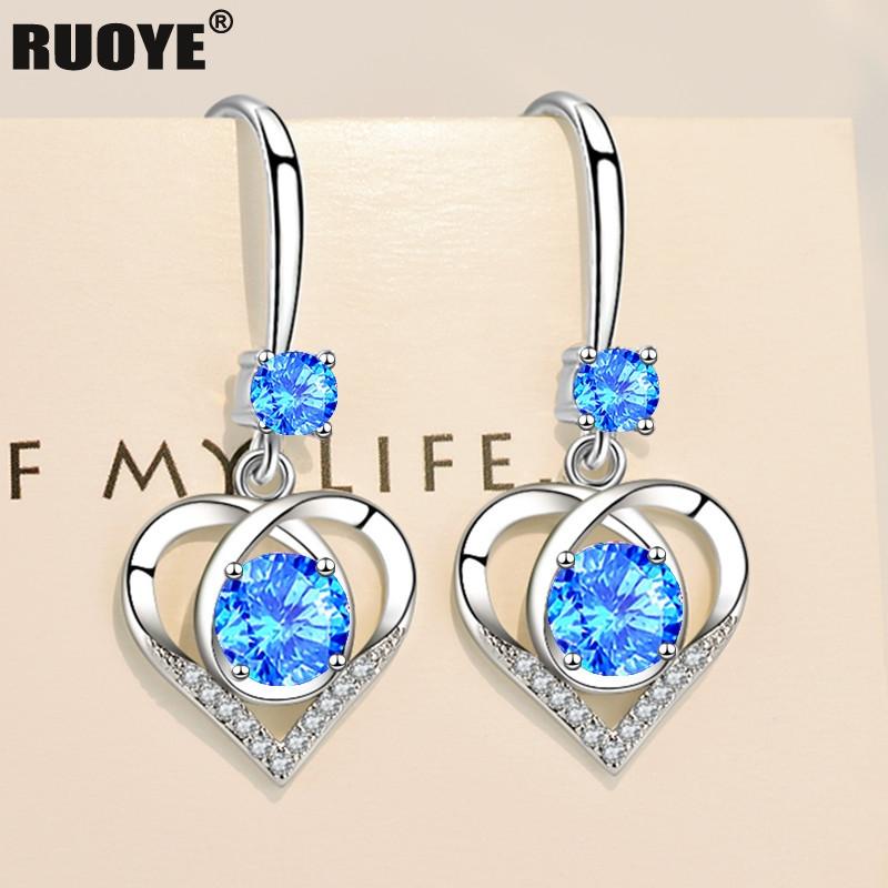 

Fashion 925 Sterling Silver Stud Earrings Blue Pink White Crystal Heart Earrings Silver Jewelry New 2020