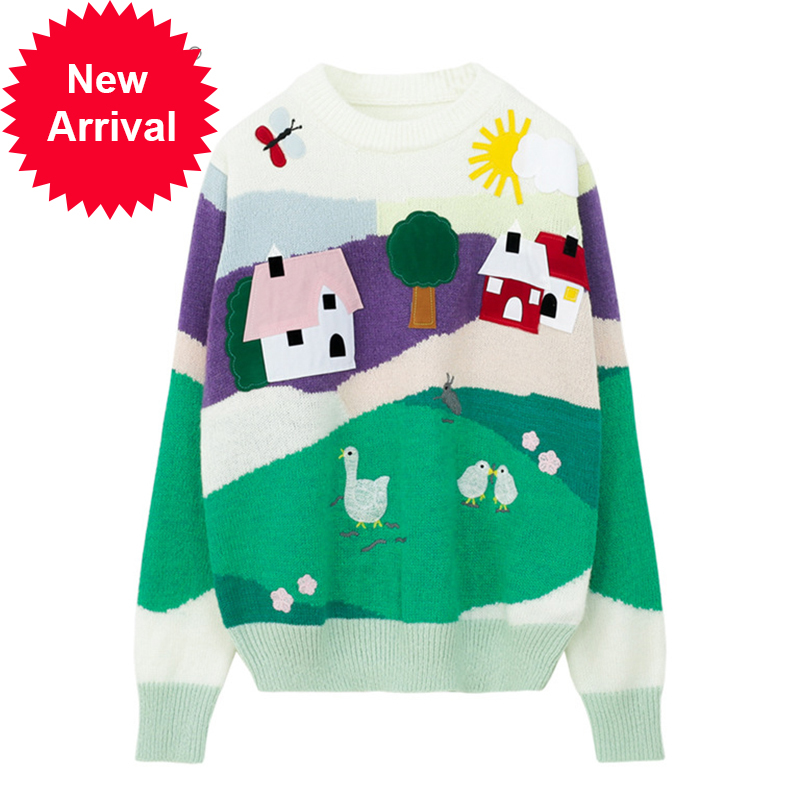 

Women' blouses fall kawaii winter cartoons knitted or crocheted the neck long sleeve female sweater harajuku C-029, Multi