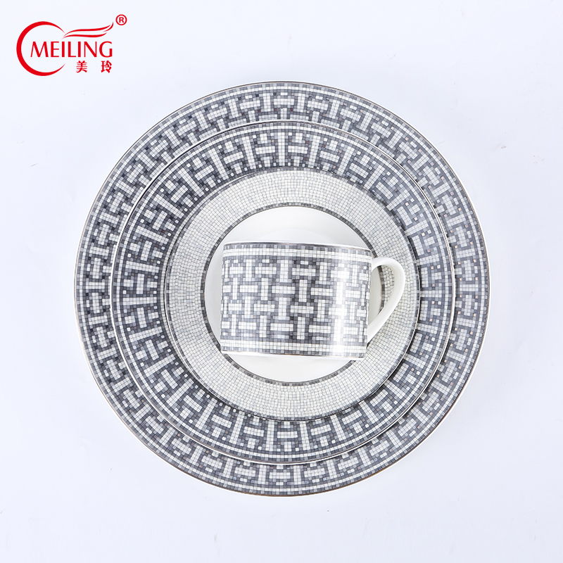 

Luxury High Grade Ceramic Tableware Dishes & Plates Porcelain with Logo for Desserts Kitchenware Round Trays for Weddings and Banquets, Silver