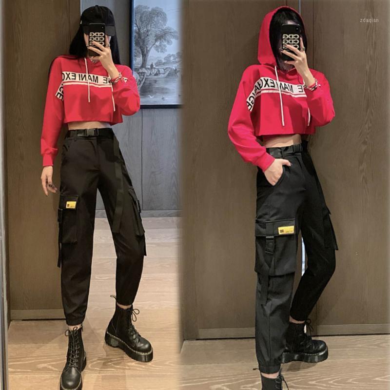 

Korean Version Two Piece Sets Street Cool Street Fashion Letter High Waist Overalls Navel Short Long Sleeve Sweater1, Red