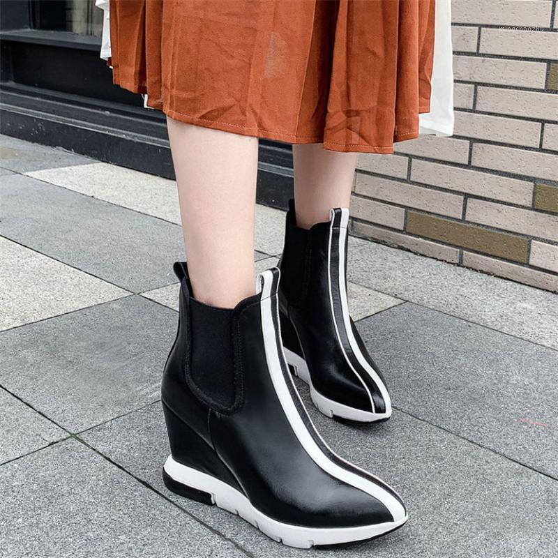 

High Top Trainers Women Slip On Genuine Leather Wedges High Heel Ankle Boots Female Pointed Toe Fashion Sneakers Casual Shoes1, Black