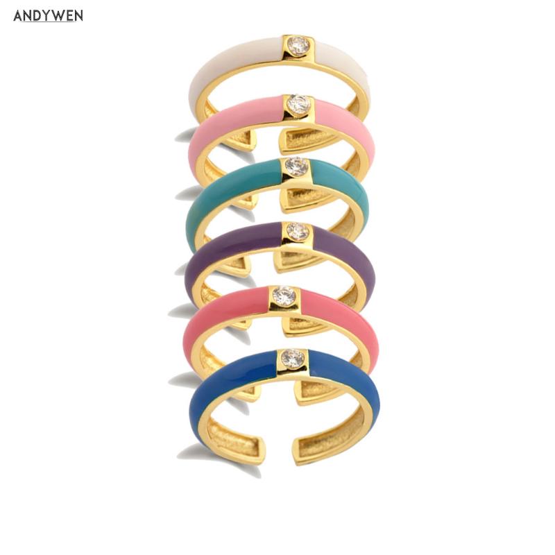 

ANDYWEN 925 Sterling Silver One Zircon Ename White Blue Rings Adjustable Resizable Fashion Jewelry 2020 Rock Punk Crystal Jewels