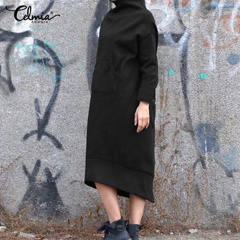 

Casual Dresses Celmia Winter Hoodies Midi Pullover Dress Women 2021 Autumn Long Sleeve Hooded Loose Sweatshirt Vestidos Plus Size, Black