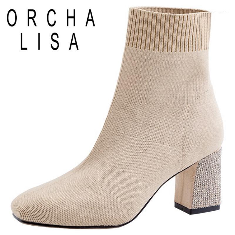 

ORCHA LISA Woman Stretch Ankle Boots Pointed Toe 7cm Square heel Knitting wool Glitter size 34-39 Casual Elegant Party C17341, Black