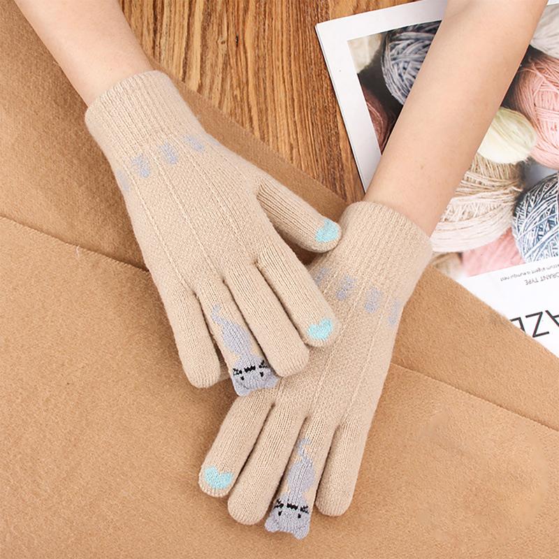 

A1015 Women Girl Knitted Finger Keep Warm Gloves Cat Print Winter Gloves Soft Warm Mitten Thick Touch Screen Skiing Glove