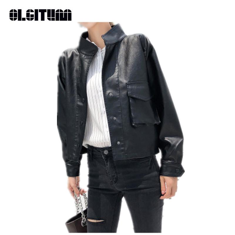 

New Fashion 2020 Autumn Women Leather Jacket Slim Short Coat Batwing Sleeve Stand Collar Coat Outwear Female JK612, Black