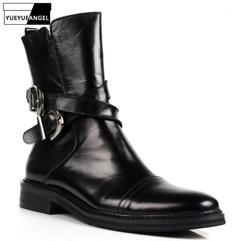 

Men High Top Business Genuine Leather Shoes England Style Buckle Side Zip Pointed Toe Boots Quality Dress Boots 38-441, Black