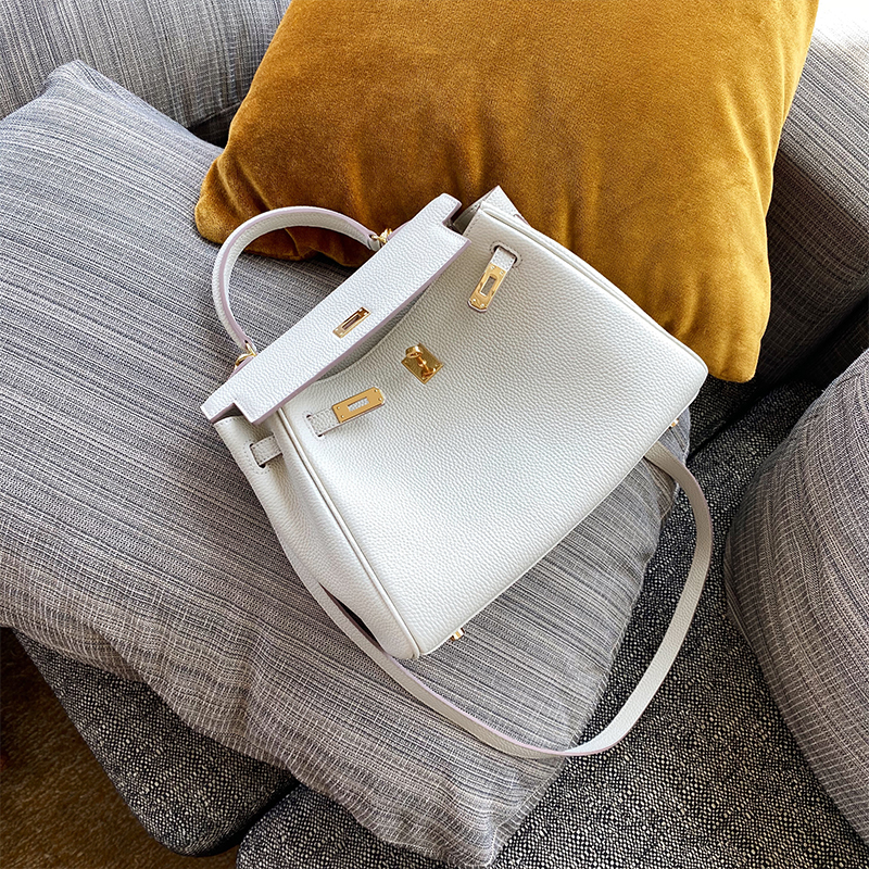 

Bag for Women 2020 New Soft Top Layer Cowhide All-Match White Kelly Bag Fairy Bag Tide, Milkshake white 25cm (high-end version)