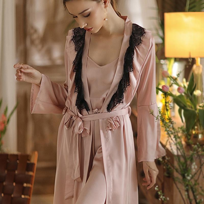

Autumn Winter Night Wear Women Sleepwear Set Lounge Plus Size Night Dress Sexy Bathrobe Home Robe Female Lace Pajamas Dress New, Yellow robe set