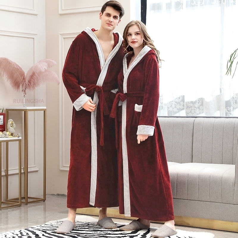 

Men Winter Plus Size Long Cozy Flannel Bathrobe Kimono Warm Coral Fleece Bath Robe Night Fur Robes Dressing Gown Women Sleepwear 201111, Men hooded wine