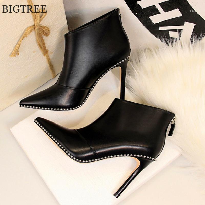 

Classic Leather Ankle Boots 2020 Women's Fashion String Bead High Heels Party Boots Pointed Solid Black Flock Short Women1