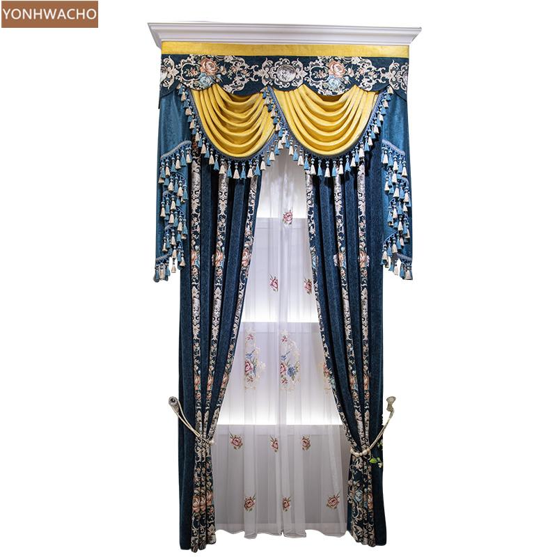 

Custom curtain New luxury bedroom American jacquard thick heat insulation blue cloth blackout curtain valance tulle panel C420