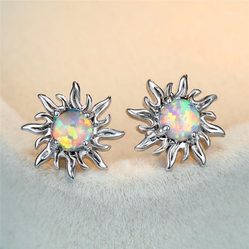 

Charm Female Blue Round Opal Earrings Classic Silver Color Small Stud Earrings Trendy Bridal Sun Wedding For Women1