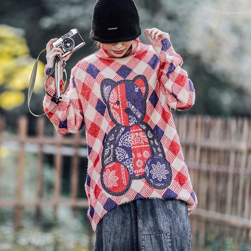 

Winter Sweater Women Large size Loose Knitting Tops Women New Turtleneck Print Casual All-match Sweater Vintage Tops1, Photo color