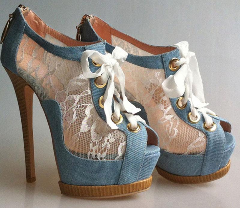 

New Washable Denim Cloth Floral Lace Patchwork Peep toe Ankle Boots Summer Platform Stiletto Wood Heel Women Lace Up Botas, As pic